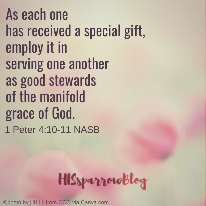 As each one has received a special gift, employ it in serving one another as good stewards of the manifold grace of God. 1 Peter 4:10,11 NASB