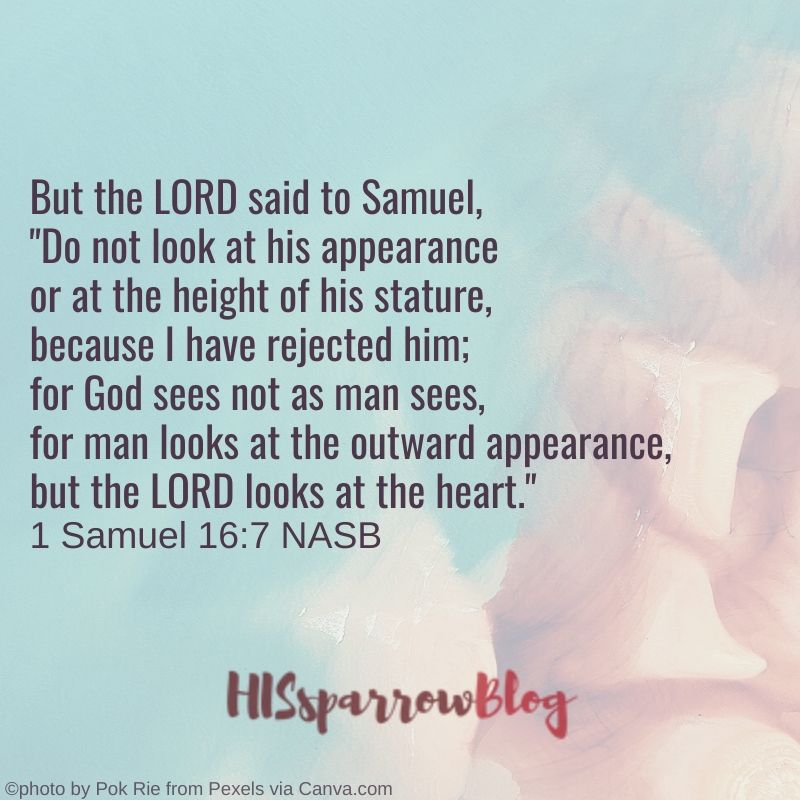 But the LORD said to Samuel, "Do not look at his appearance or at the height of his stature, because I have rejected him; for God sees not as man sees, for man looks at the outward appearance, but the LORD looks at the heart." 1 Samuel 16:7 NASB | HISsparrowBlog | christian living