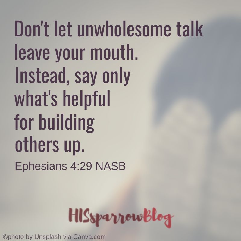 Don't let unwholesome talk spew from your mouth. Instead speak only what's helpful for building others up. Ephesians 4:29 NASB | HISsparrowBlog 