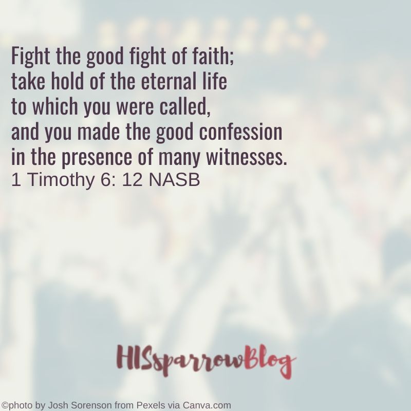 Fight the good fight of faith; take hold of the eternal life to which you were called, and you made the good confession in the presence of many witnesses. 1 Timothy 6: 12  NASB | HISsparrowBlog | christian living