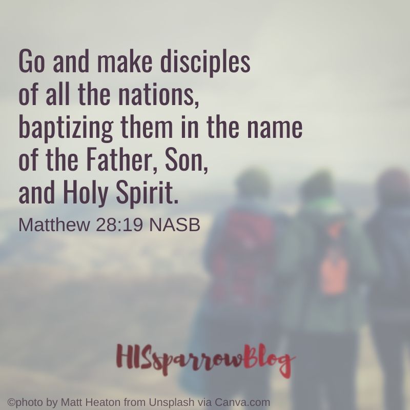 Go and make disciples of all the nations, baptizing them in the name of the Father, Son, and Holy Spirit. Matthew 28:19 NASB