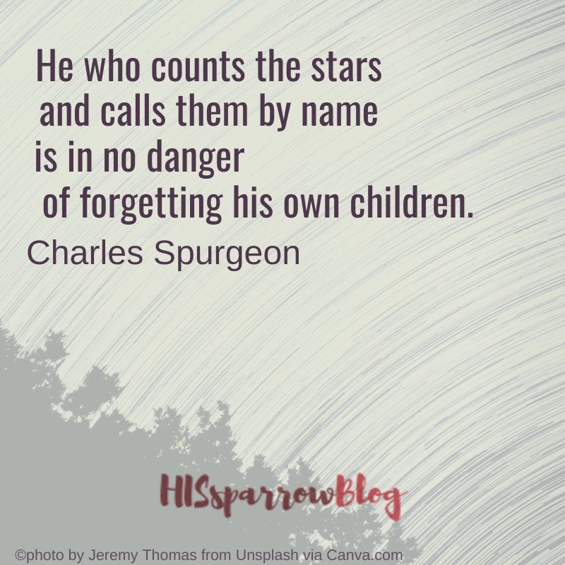 He who counts the stars and calls them by name is in no danger of forgetting his own children. Charles Spurgeon