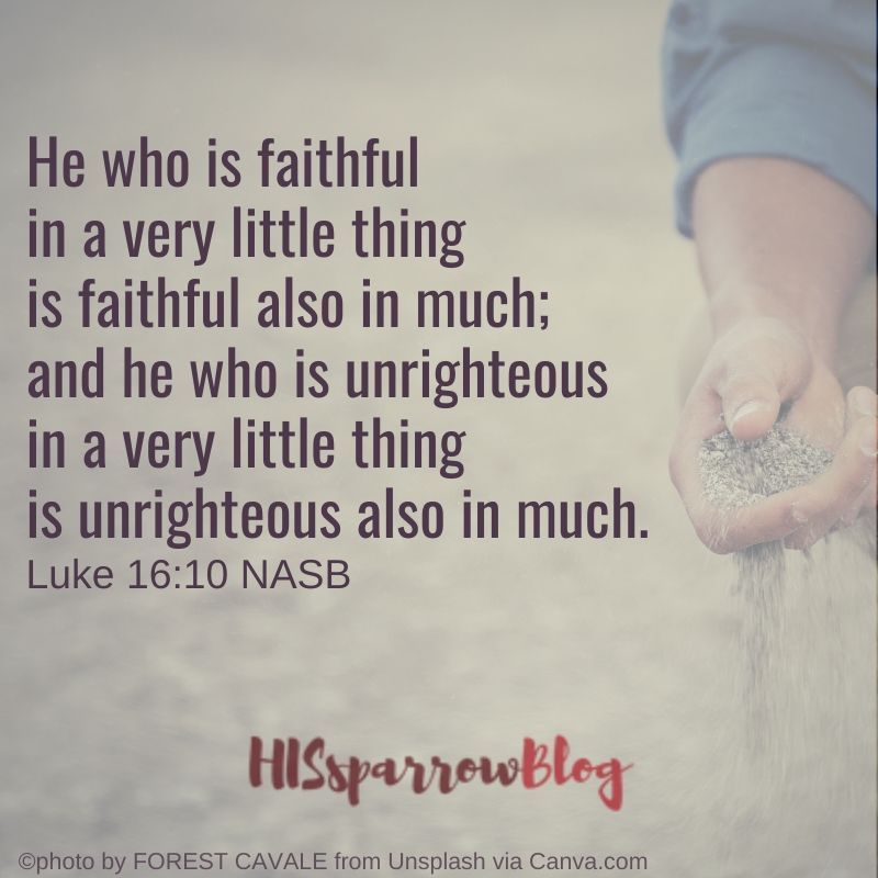 He who is faithful in a very little thing is faithful also in much; and he who is unrighteous in a very little thing is unrighteous also in much. Luke 16:10 NASB | HISsparrowBlog