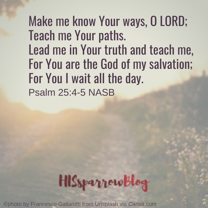 Make me know Your ways, O LORD; Teach me Your paths. Lead me in Your truth and teach me, For You are the God of my salvation; For You I wait all the day. Psalm 25:4-5 NASB | HISsparrowBlog 