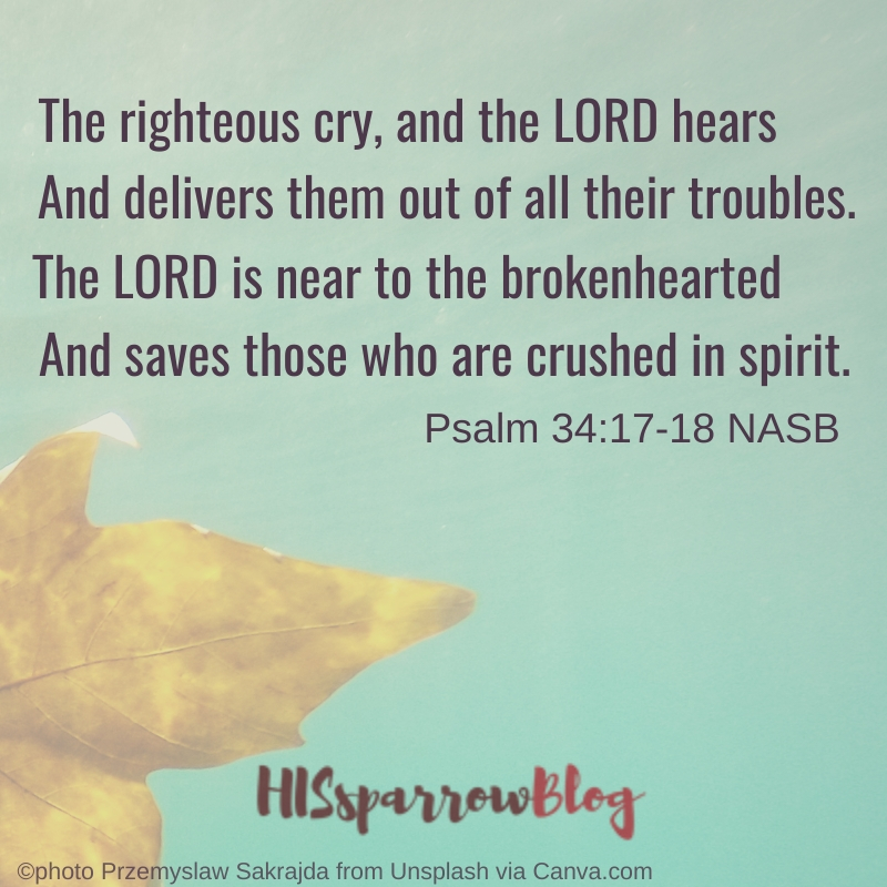 The righteous cry, and the LORD hears And delivers them out of all their troubles. The LORD is near to the brokenhearted And saves those who are crushed in spirit. Psalm 34:17-18 NASB