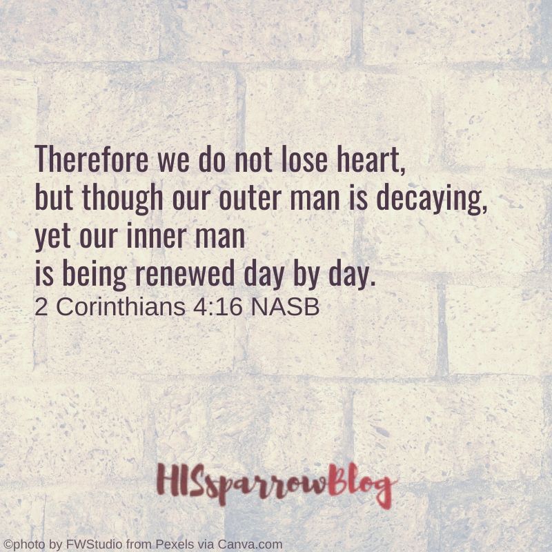 Therefore we do not lose heart, but though our outer man is decaying, yet our inner man is being renewed day by day. 2 Corinthians 4:16 NASB | HISsparrowBlog | christian living