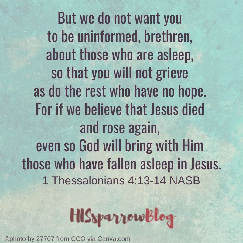 We do not want you to be uninformed about those who sleep in death, so that you do not grieve like the rest of mankind, who have no hope. For we believe that Jesus died and rose again, and so we believe that God will bring with Jesus those who have fallen asleep in Him. 1 Thessalonians 4:13-14 NASB