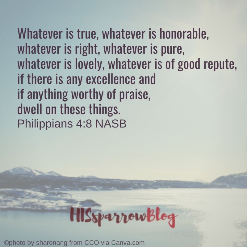 Whatever is true, honorable, right, pure, lovely, of good repute, if there is any excellence and if anything worthy of praise, dwell on these things. Philippians 4:8 NASB