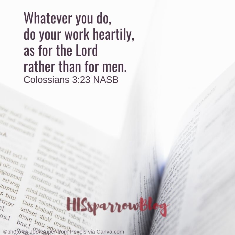 Whatever you do, do your work heartily, as for the Lord rather than for men. Colossians 3:23 NASB | HISsparrowBlog | christian living