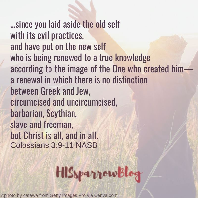 ...since you laid aside the old self with its evil practices, and have put on the new self who is being renewed to a true knowledge according to the image of the One who created him— a renewal in which there is no distinction between Greek and Jew, circumcised and uncircumcised, barbarian, Scythian, slave and freeman, but Christ is all, and in all. Colossians 3:9-11 NASB | HISsparrowBlog