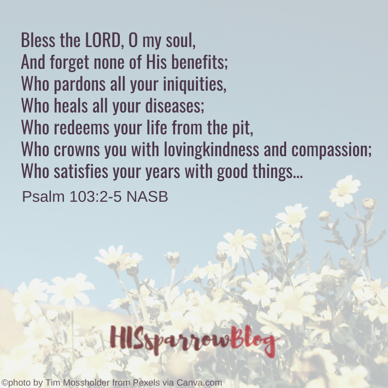 Bless the LORD, O my soul, And forget none of His benefits; Who pardons all your iniquities, Who heals all your diseases; Who redeems your life from the pit, Who crowns you with lovingkindness and compassion; Who satisfies your years with good things... Psalm 103:2-5 NASB | HISsparrowBlog