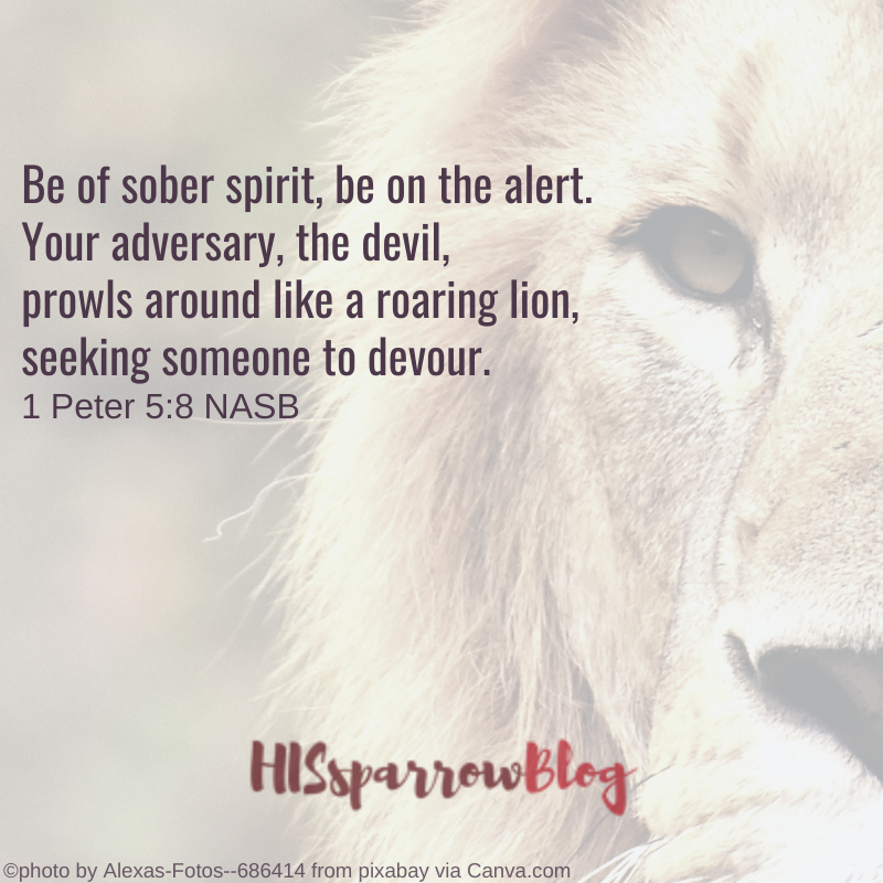 Be of sober spirit, be on the alert. Your adversary, the devil, prowls around like a roaring lion, seeking someone to devour. 1 Peter 5:8 NASB | HISsparrowBlog