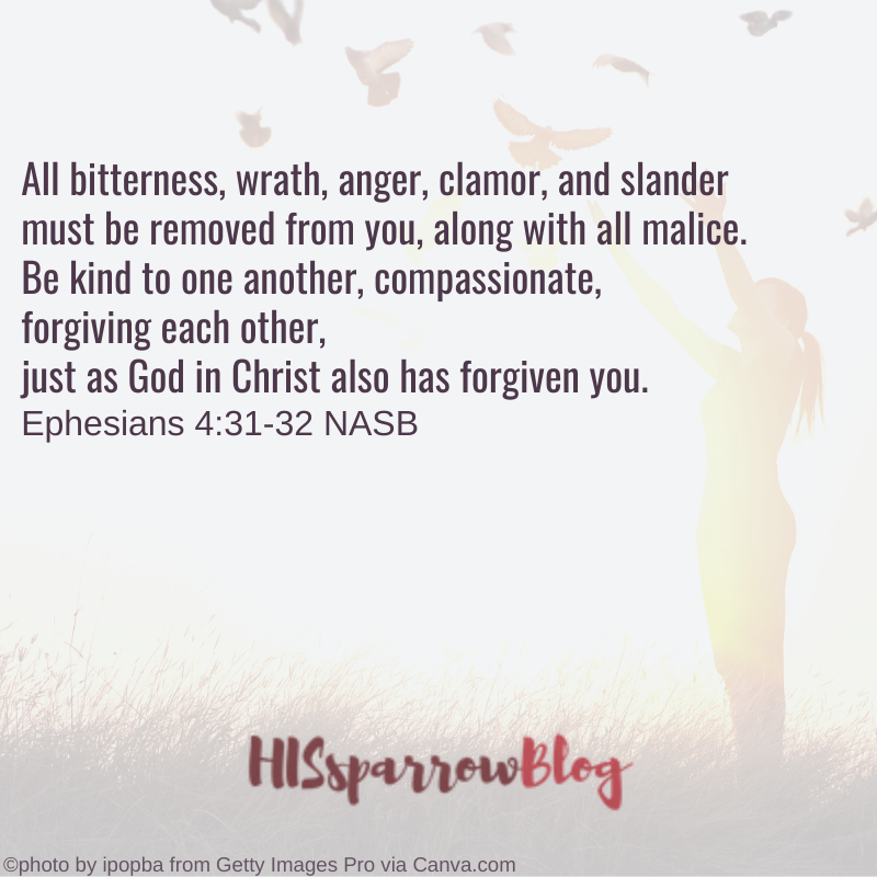 All bitterness, wrath, anger, clamor, and slander must be removed from you, along with all malice. Be kind to one another, compassionate, forgiving each other, just as God in Christ also has forgiven you. Ephesians 4:31-32 NASB | HISsparrowBlog