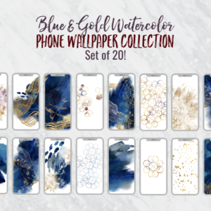 Blue and Gold Watercolor Phone Wallpaper Collection | Set of 20