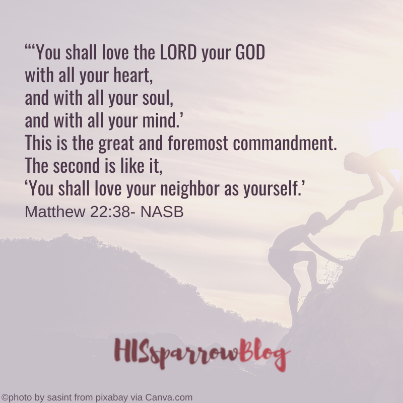“‘You shall love the LORD your GOD with all your heart, and with all your soul, and with all your mind.’ This is the great and foremost commandment. The second is like it, ‘You shall love your neighbor as yourself.’ Matthew 22:38- NASB