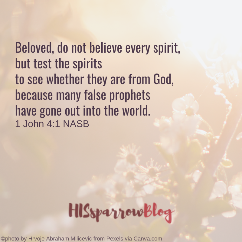 Beloved, do not believe every spirit, but test the spirits to see whether they are from God, because many false prophets have gone out into the world. 1 John 4:1 NASB | HISsparrowBlog