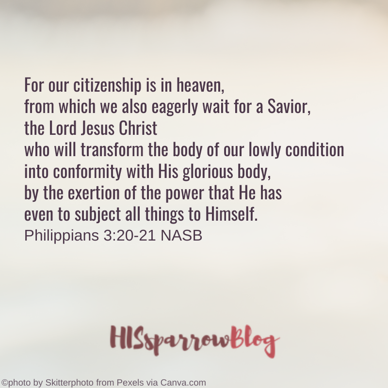 For our citizenship is in heaven, from which we also eagerly wait for a Savior, the Lord Jesus Christ. who will transform the body of our lowly condition into conformity with His glorious body, by the exertion of the power that He has even to subject all things to Himself. Philippians 3:20-21 NASB | HISsparrowBlog