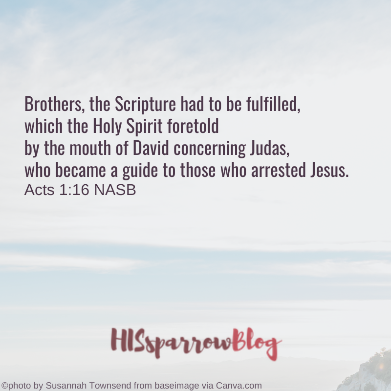 Brothers, the Scripture had to be fulfilled, which the Holy Spirit foretold by the mouth of David concerning Judas, who became a guide to those who arrested Jesus. Acts 1:16 NASB | HISsparrowBlog