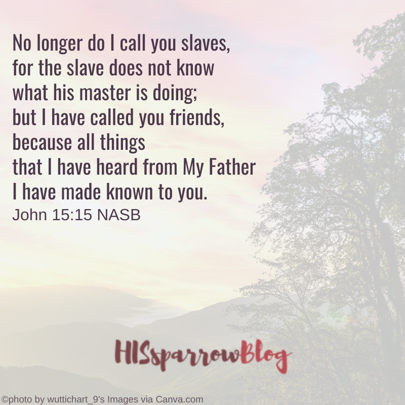 No longer do I call you slaves, for the slave does not know what his master is doing; but I have called you friends, because all things that I have heard from My Father I have made known to you. John 15:15 NASB | HISsparrowBlog