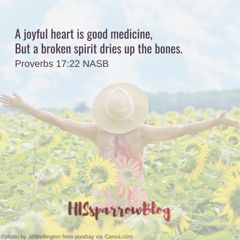 A joyful heart is good medicine, But a broken spirit dries up the bones. Proverbs 17:22 NASB | HISsparrowBlog
