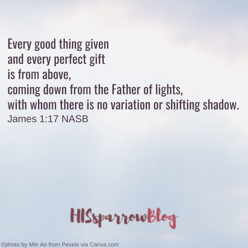 Every good thing given and every perfect gift is from above, coming down from the Father of lights, with whom there is no variation or shifting shadow. James 1:17 NASB | HISsparrowBlog
