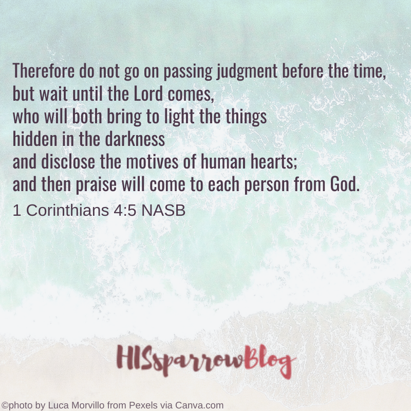 Therefore do not go on passing judgment before the time, but wait until the Lord comes, who will both bring to light the things hidden in the darkness and disclose the motives of human hearts; and then praise will come to each person from God. 1 Corinthians 4:5 NASB | HISsparrowBlog