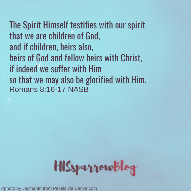 The Spirit Himself testifies with our spirit that we are children of God, and if children, heirs also, heirs of God and fellow heirs with Christ, if indeed we suffer with Him so that we may also be glorified with Him. Romans 8:16-17 NASB | HISsparrowBlog