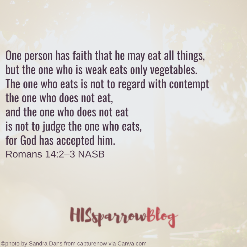 One person has faith that he may eat all things, but the one who is weak eats only vegetables. 3The one who eats is not to regard with contempt the one who does not eat, and the one who does not eat is not to judge the one who eats, for God has accepted him. Romans 14:2–3 NASB | HISsparrowBlog